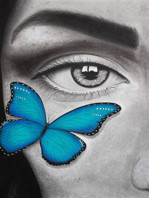 Hyperrealistic charcoal portrait drawing of a butterfly resting on a woman's face, by Noirvell Art Studio.