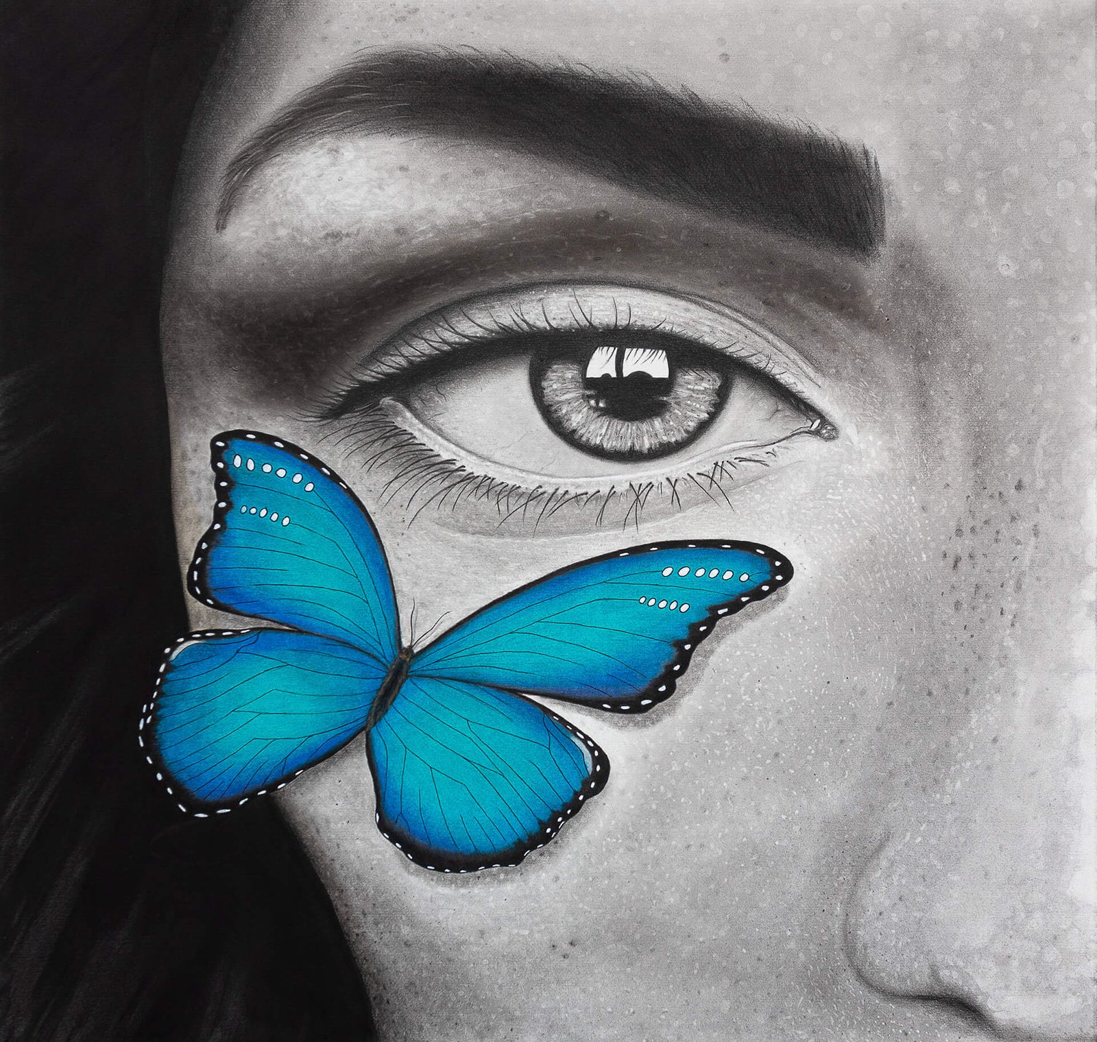 Hyperrealistic charcoal portrait drawing of a butterfly resting on a woman's face, by Noirvell Art Studio.
