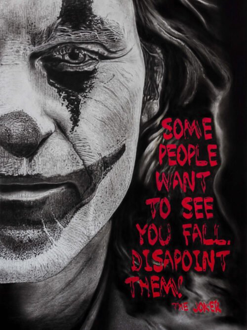 Hyperrealistic charcoal and graphite portrait drawing of The Joker made by Noirvell Art Studio.