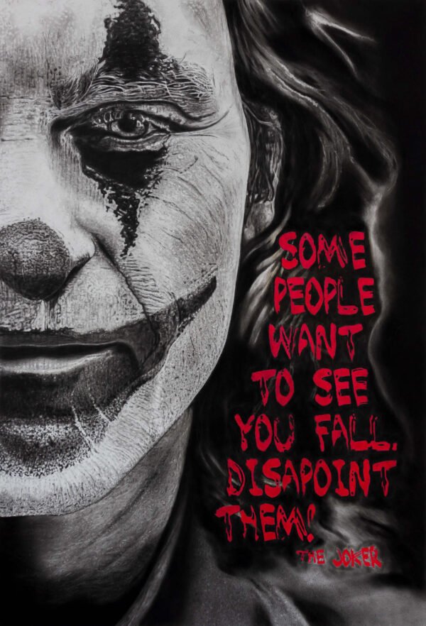 Hyperrealistic charcoal and graphite portrait drawing of The Joker made by Noirvell Art Studio.