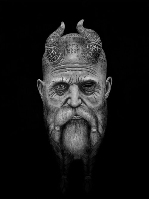 Hyperrealistic black and white charcoal portrait drawing of Mímir from Norse mythology by Noirvell Art Studio.