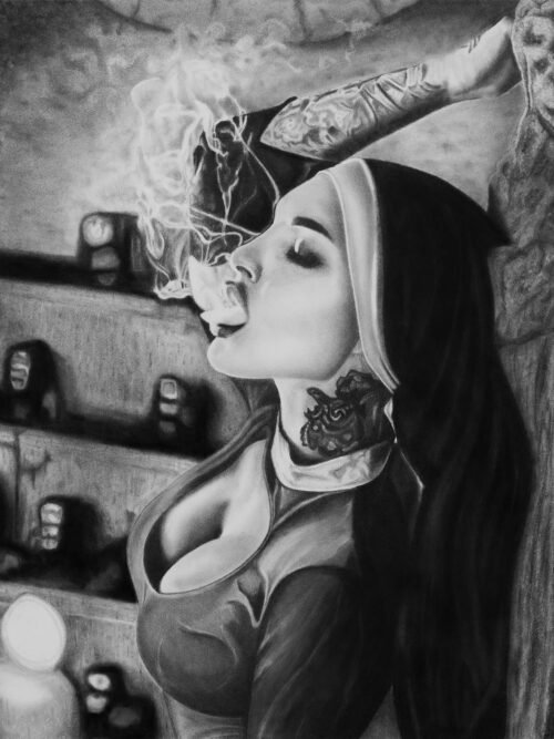 Hyperrealistic charcoal portrait drawing of a smoking nun by Noirvell Art Studio.