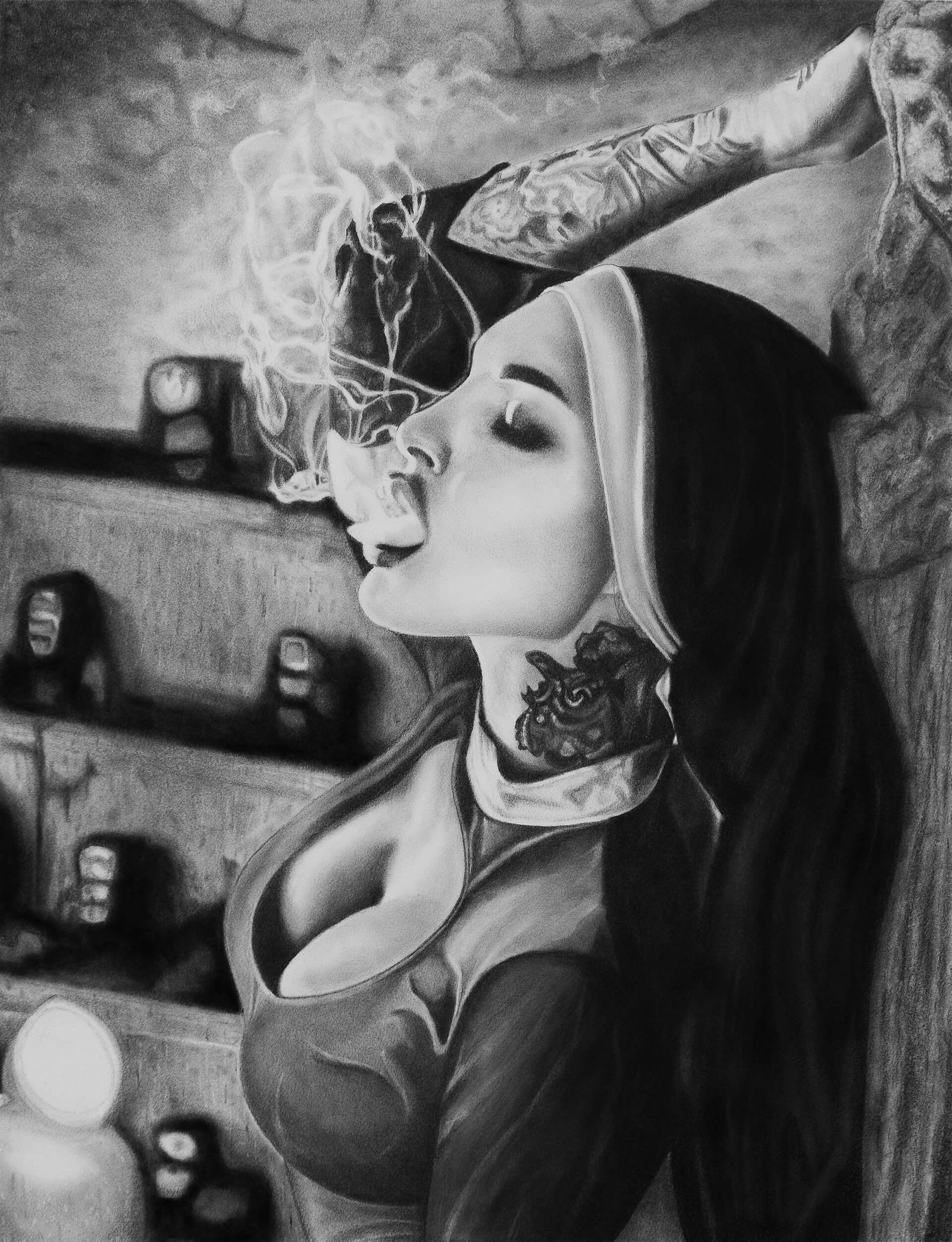 Hyperrealistic charcoal portrait drawing of a smoking nun by Noirvell Art Studio.